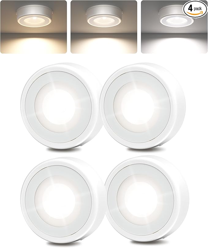 EZVALO LED Puck Lights, 50Lumens, Touch Light, 2.5'' Mini Tap Light, Rechargeable Sitck On Tap Lamp, 3 Color Temps, Under Cabinet Lights Wireless, Ideal for Kitchen,Closet,Pantry,Camper(4 Pack)