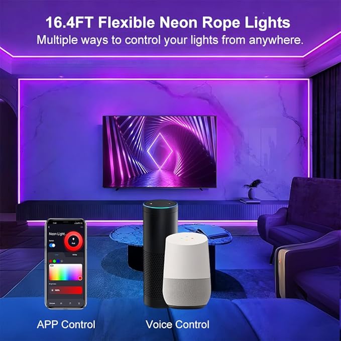 Ligency Smart Neon Rope Lights with Alexa - 16.4FT Ultra Bright RGBW LED Strip, Plug-in Adapter Powered, IP65 Waterproof Flexible Neon Lights with App Control & Music Sync, DIY Decor