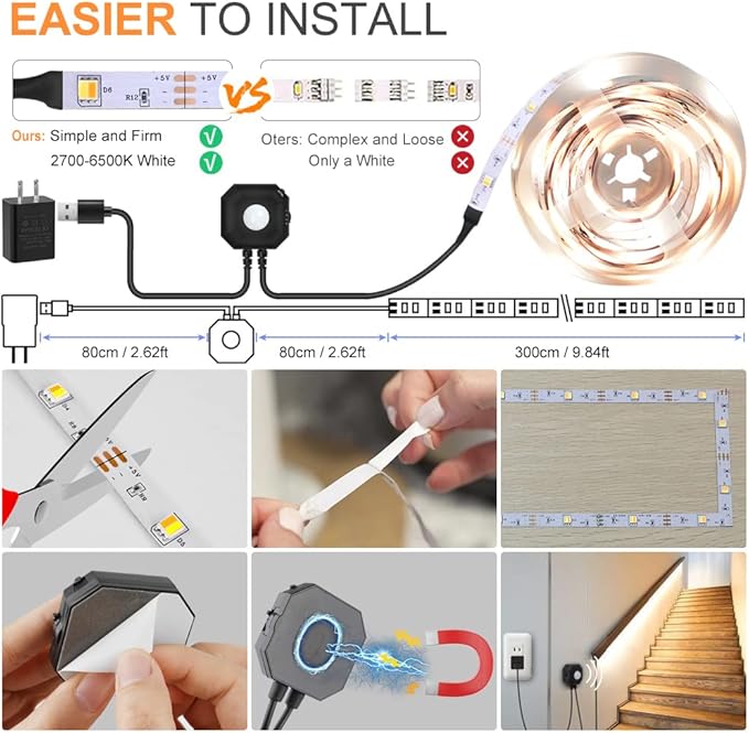 Motion Sensor LED Light Strip, Motion Sensor Light Indoor Closet Lights, 2700K-6500K White Dimmable Led Strip Lights for Bedroom, Kitchen, Stair Motion Activated, 2PCS