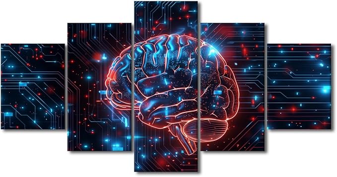 TUMOVO 5 Panel Digital Human Brain Decor for Bedroom Artificial Intelligence Technology Canvas Wall Art for Living Room Posters for Bedroom Futuristic Technology Paintings Artwork 60" Wx32 H