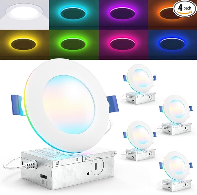 Sunco 4 Pack 4 Inch Smart Ultra Thin LED Recessed Ceiling Lights with Night Light, Tunable CCT 2700K to 6000K, Dimmable, 11W, Smooth Trim, Canless with Junction Box
