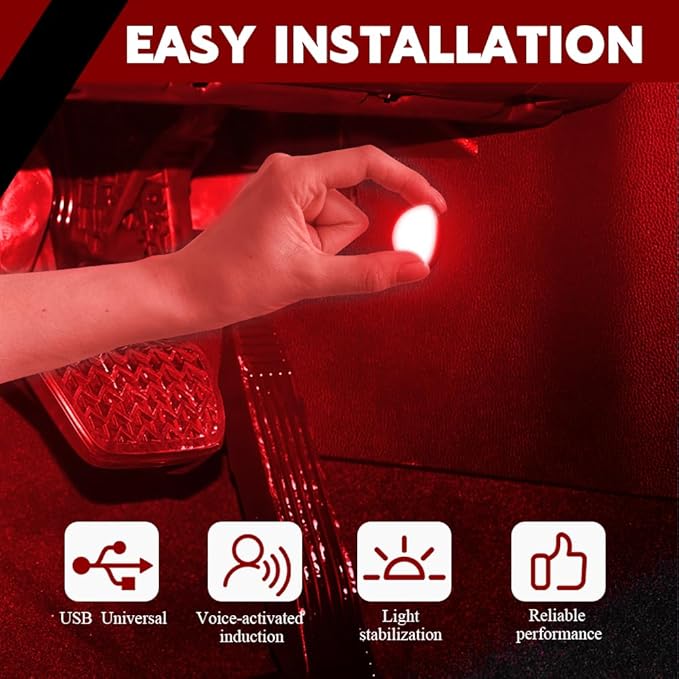 Car Interior LED Lights, Automotive Ambient Neon Light Kit with USB Port, Automotive Under Dash Decoration Night Lamp for Men and Women, 4 in 1 Decoration Lights for Car, Garden, Home, Part (Red)