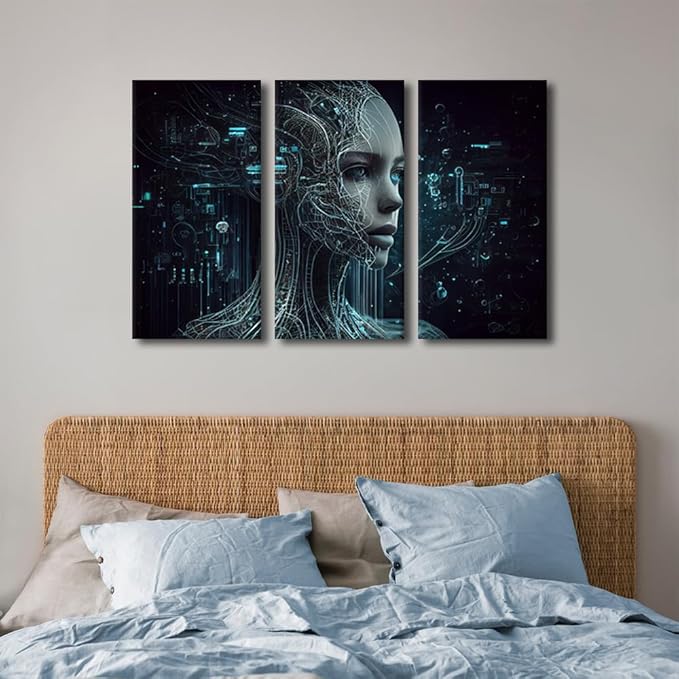 TUMOVO AI Wall Decor 3 Pieces Canvas Wall Art Colorful Future Technology Pictures for Home Decor Paintings Artificial intelligence Female Robot Prints and Poster Framed Ready to Hang, 36" Wx24 H