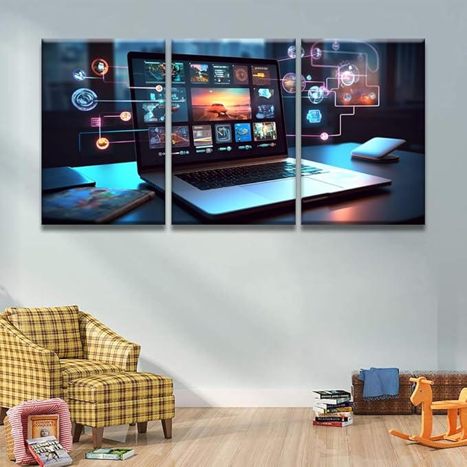 LSIUHWUWI Wall Art for Living Room 3 Panel Cloud Technology,Smart Home Pictures Posters Contemporary Wall Decor for Home Office Hotel Wall Wooden Framed Ready to Hang 16x24inchx3