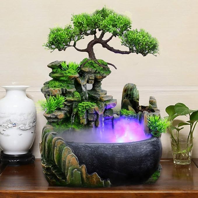 Indoor Relaxation Desktop Fountain Waterfall, Zen Meditation Indoor Waterfall Feature with Automatic Pump, Illuminated Waterfall for Home Office Bedroom Desk Décoration (Style 1)
