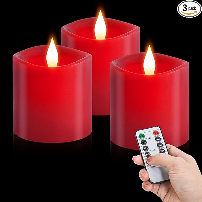 3x3 Flickering Flameless Candles Set of 3, LED Battery Candles,with Timer, 3 inch Flameless Candles with Remote, for Holiday Home Decor,Red