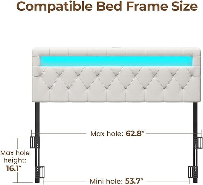 GREENSTELL Headboard for Queen Size Bed with 60,000 DIY Color of LED Light, USB & Type C Post, Attach Frame, Height Adjustable, White Leather Wall Mounted Head Boards Only, Sturdy & Stable, Queen