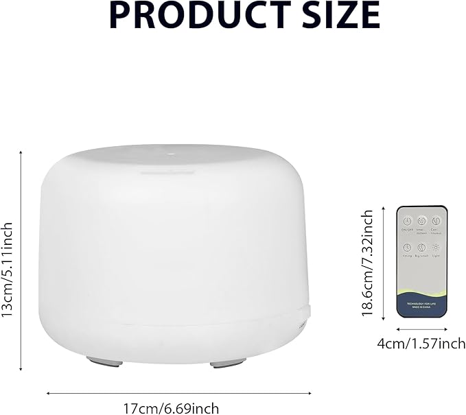 Essential Oil Diffuser 500ml - Remote Control Aromatherapy Humidifier, 7 Color LED Lights, Whisper Quiet, Auto Shut-Off,Small Humidifier for Bedroom Quiet