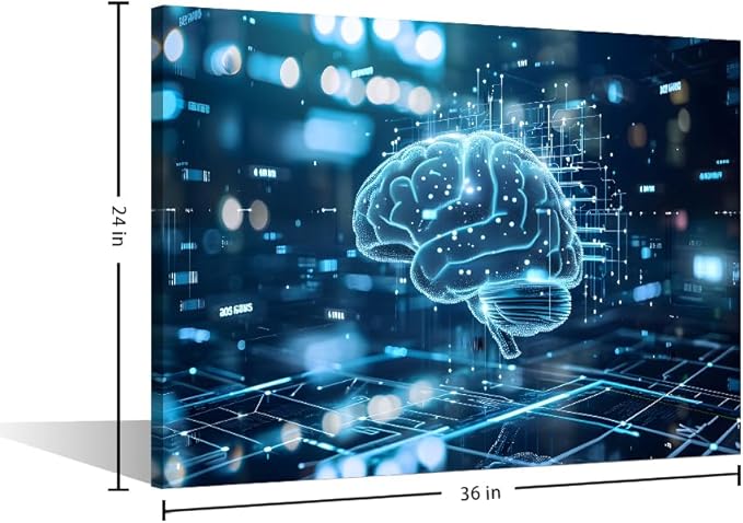 Neural Network Connections on Blue Digital Background Canvas Art Prints Bedroom Wall Decor Poster and Prints House Decorations Living Room Digital Human Brain Paintings Artwork 24"Wx36"Hx1 Panel