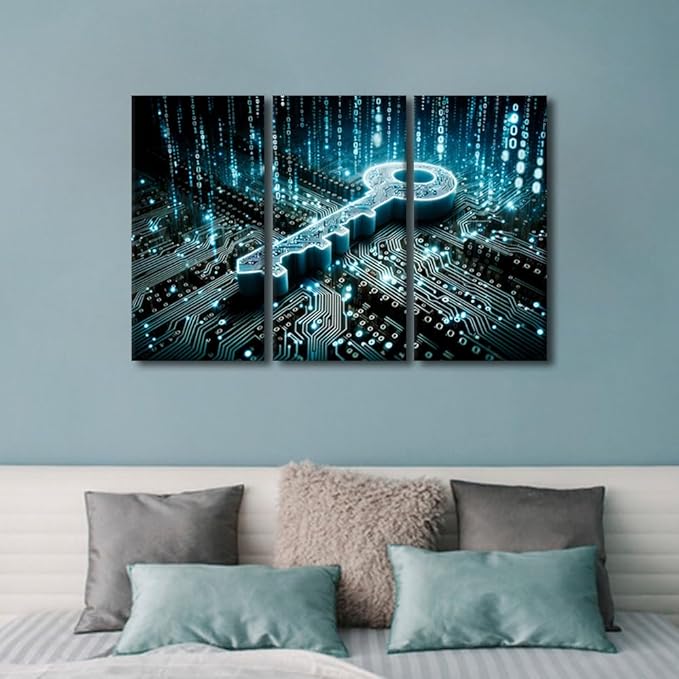 TUMOVO Security Concept Pictures Print 3 Panel Key on Circuit Board Background with Binary Code Pictures Print on Canvas for Living Room Bedroom Wall Decoration, Ready to Hang, 36" Wx24 H
