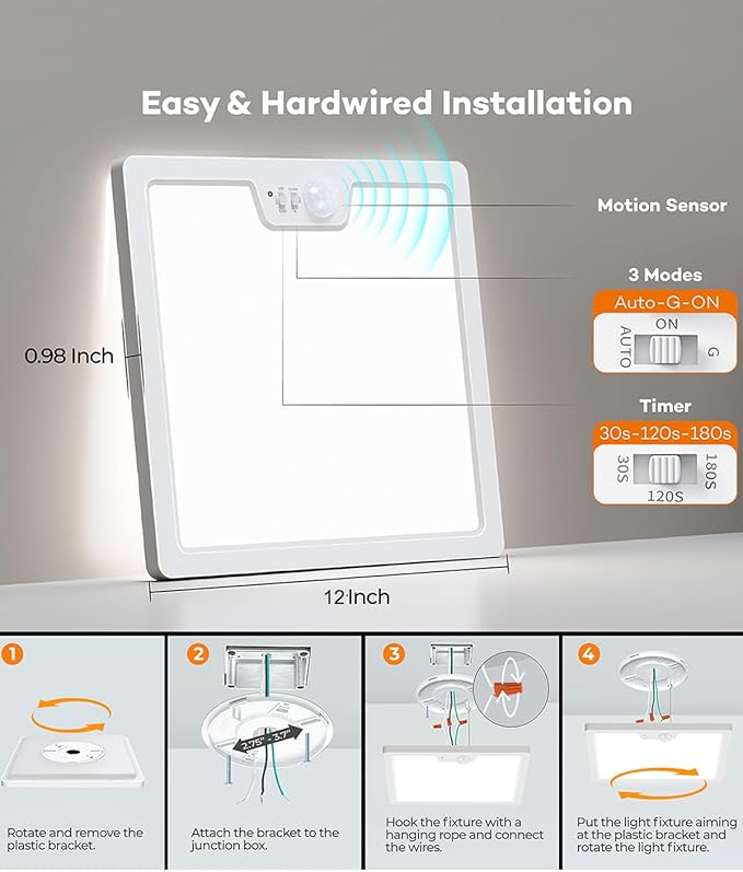 12in Motion Sensor Ceiling Light Wired, 3000K 4000K 5000K Selectable, 24W Flush Mount Square Motion Ceiling Light with 3 Timer for Closet Porch Stairs Hallway, White