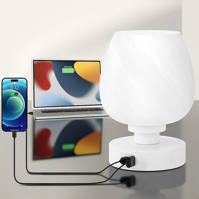 Soilsiu Bedside Table Lamp - Touch Small Lamp for Bedroom Nightstand, 3-Way Dimmable, USB A+C Charging Ports, White Opal Glass Shade, Warm LED Bulb Included