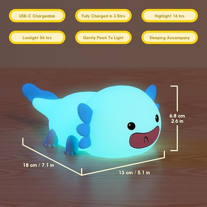 UNEEDE Axolotl Night Light for Kids, Animal Silicone Nursery Night Lamp, Rechargeable Table Lamp Bedside Lamp, Cute Room Decor Night Light for Bedroom Living Room Desk Kawaii Toys Valentines Day Gifts