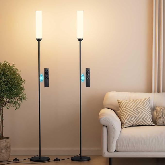 Ambimall LED Floor Lamp with Remote Control Set of 2, 64" Standing lamp with Stepless Adjustable 3000K-6500K Colors & 30-100% Brightness, Tall Lamp with Foot Switch(Black, 2 Pack)