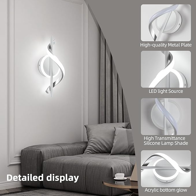 LED Wall Sconces Sets of 2, 12W LED Wall Lights, Modern Spiral Wall Sconces, Wall Lamps for Living Room, 6000K Cold White Wall Mount Light Fixture for Stairs Living Room Bedroom Aisle Hallway