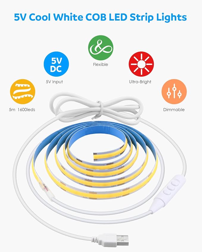 Aclorol 16.4FT COB LED Strip Lights 6000K Cold White USB Powered 5V Dimmable LED TV Backlights 8mm Width Flexible LED Strip 320LEDs/m Bright for Kitchen Under Cabinet Funiture Lighting Home Decor