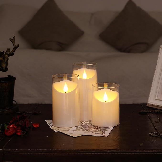 NURADA Flameless Candles with Remote Timer: 3D Wick Battery Operated Led Pillar Unbreakable Acrylic Fake Candle Set for Home Decoration Romantic Ambiance - Pure White 3 Pack