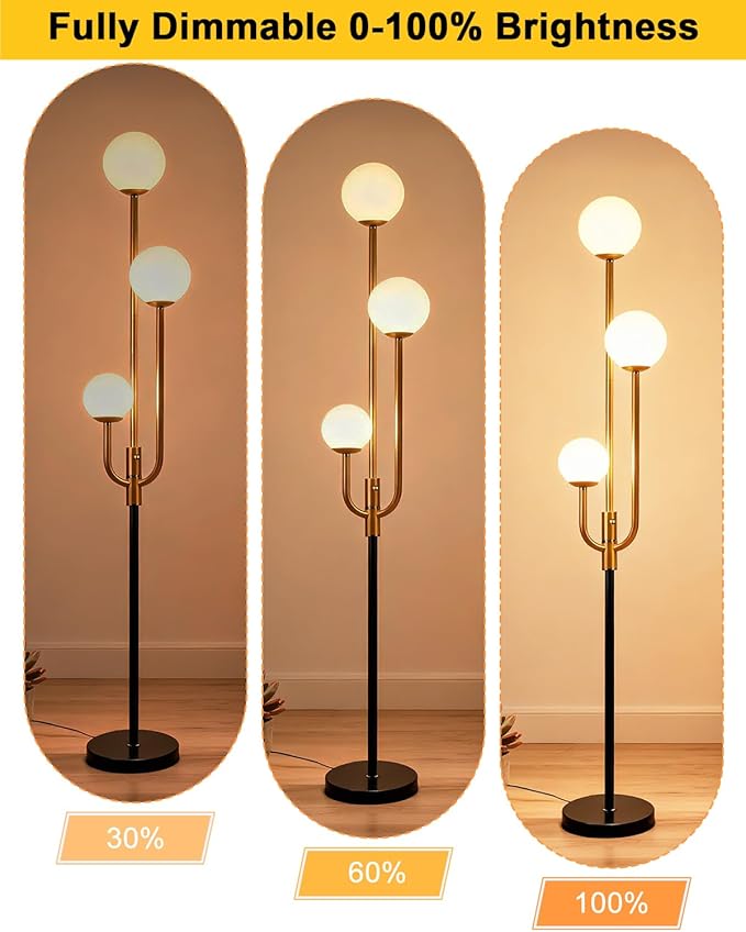 Lightdot 66IN Globe Floor Lamp 3-Lights Vintage Floor Lamps with 3000K Warm White Bulbs Included for Wedding Party Modern Tall Standing Lamp for Living Room/Bedroom-Gold & Black