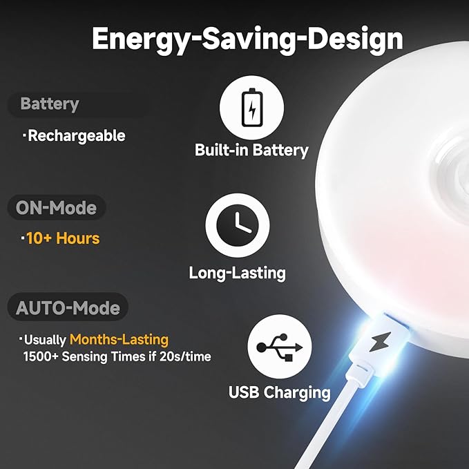 Improved LED Rechargeable Motion Sensor Light Indoor, Bright & Long-Lasting Battery, Stick-On Motion Sensor Puck Night Lights for Closet, Cabinet, Kitchen, Hallway, Stairs - Cool 2Pack