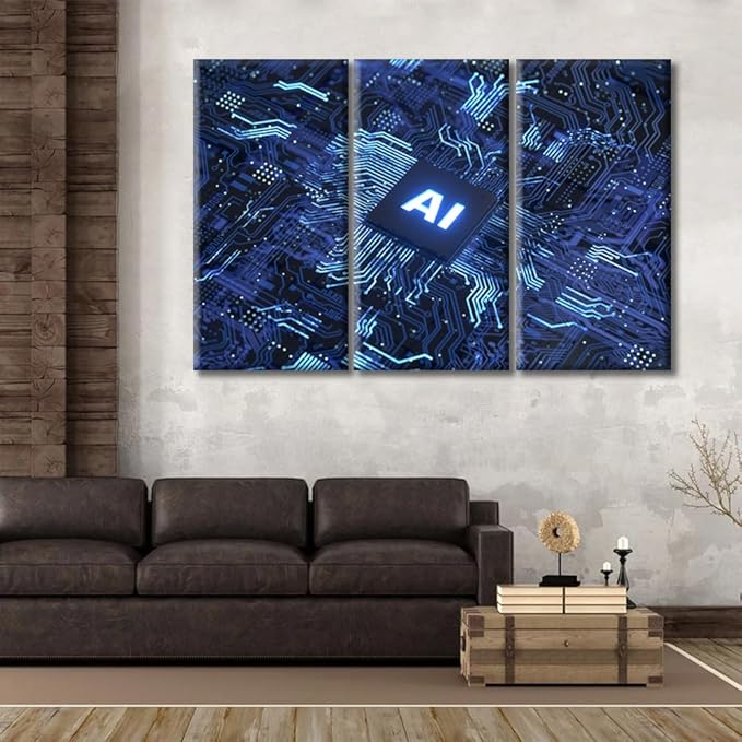 Wall Art for Living Room Artificial Intelligence Concept Canvas Wall Art Computer Processors CPU Wall Art Chip Posters & Prints 3 Panels Modern Artwork Ready to Hang for Bedroom Office 60"Wx40"H