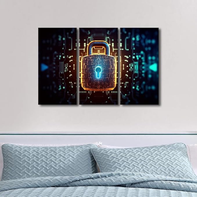 TUMOVO 3 Panel Wall Paintings for Living Room, Padlock with a Glowing Light at the Top Cybercrime Concept Posters and Prints for Home Office Wall Decorations, Framed Ready to Hang, 36" Wx24 H