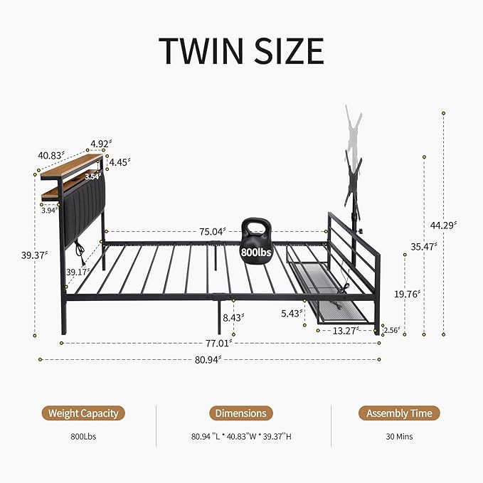 Twin Size Gaming Bed Frame With Storage Headboard,Black Metal Twin Bed Frame With LED Light Rotating TV Mount Charging Station,Stocking Stuffers for Teen Boys,College Dorm Room Essential,Heavy Duty