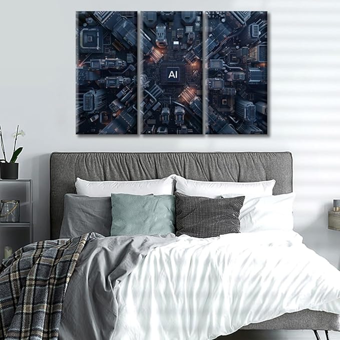 Canvas Wall Art Motherboard Digital Chip Decor AI Advanced Circuitry Picture Canvas Digital Intelligence Hub Wall Art for Living Room Stretched and Framed Picture Artwork for Home Decor (36" Wx24 H)