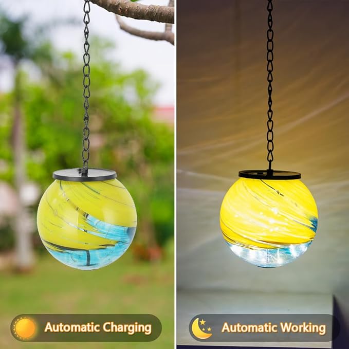 Solar Hanging Lanterns Outdoor, Solar Waterproof Gazing Ball Lights, Hanging Glass Globe Light for Garden Yard Tree Home Xmas Decoration