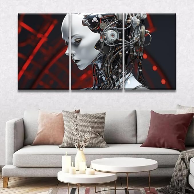 LSIUHWUWI Wall Art for Living Room 3 Panel Female Robot with Wires, and Metallic Finish Pictures Posters Contemporary Wall Decor for Home Office Hotel Wall Wooden Framed Ready to Hang 16x24inchx3