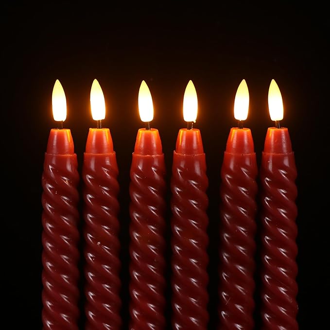 Red Flameless Taper Candles Flickering with Remote Timer, 3D Wick LED Spiral Candlesticks Battery Operated 6 Pack Real Wax Party Christmas Home Decor(0.78 X 9.8 Inchs)