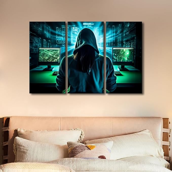 TUMOVO AI Big Data Wall Decor for Living Room Hacker Malware Picture Canvas Prints 3 Pieces Wall Art Hacker Artwork for Home Office Room Wall Decorations Canvas Art Prints Ready to Hang, 42" Wx28 H
