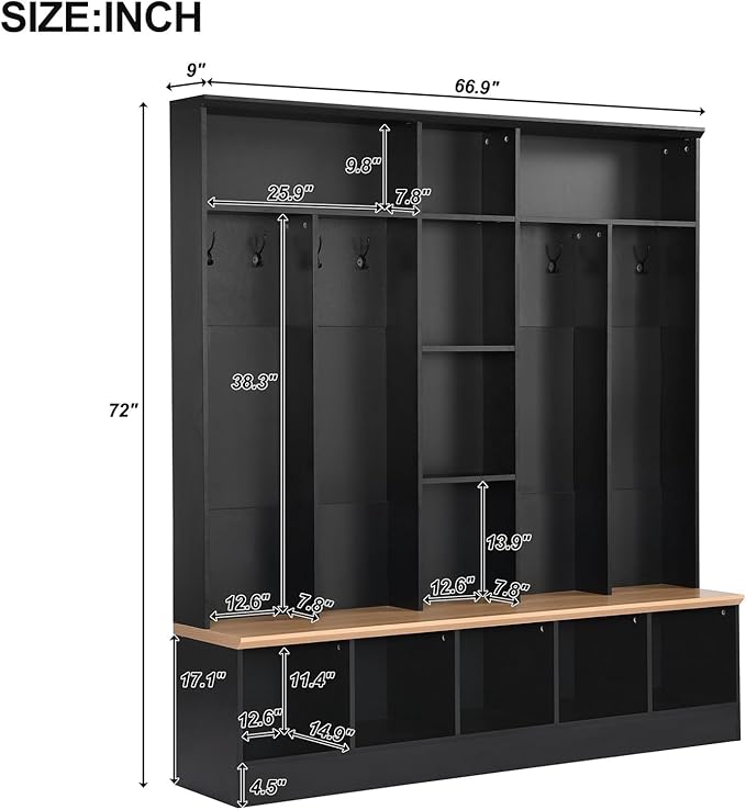 Wide Hall Tree With Shoe Storage Bench, Minimalist Entryway Coat Rack, Cube Storage and Shelves, Multifunctional Mudroom With 8 Hooks for Hallway (Black)