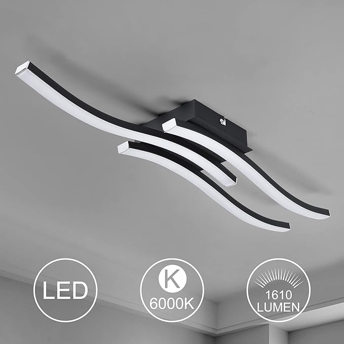 EDISLIVE Modern Dimmable LED Ceiling Light Curved 3 Light 22.5 in Minimalist Flush Mount Ceiling Light Fixture Lamp for Bedroom Foyer Kitchen 6000K 18W Black