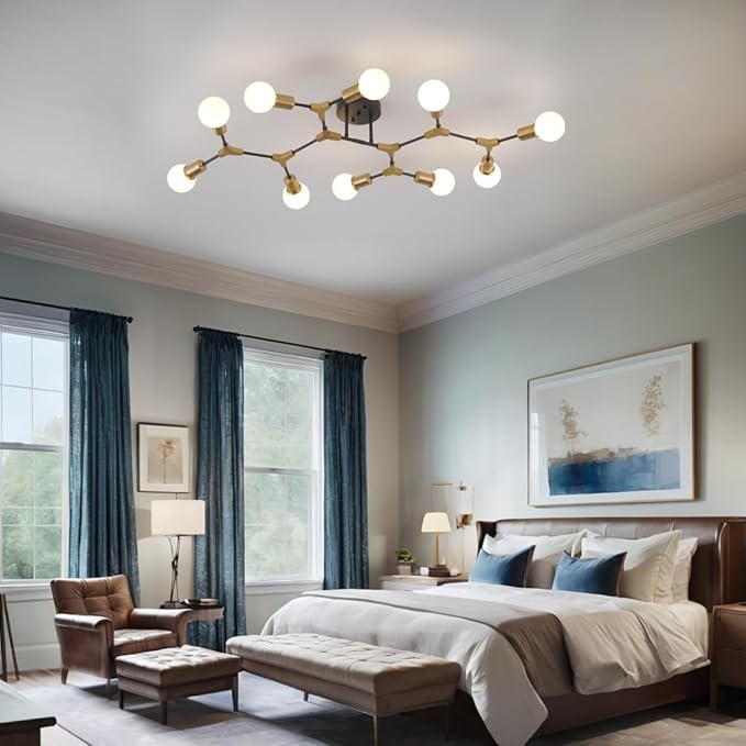 Mid Centur Modern 10 Light Semi Flush Mount Ceiling Lighting Fixture for Dining Room Living Room Bedroom Aisle Kitchen Restaurant,Metal Gold and Black Sputnik Chandelier