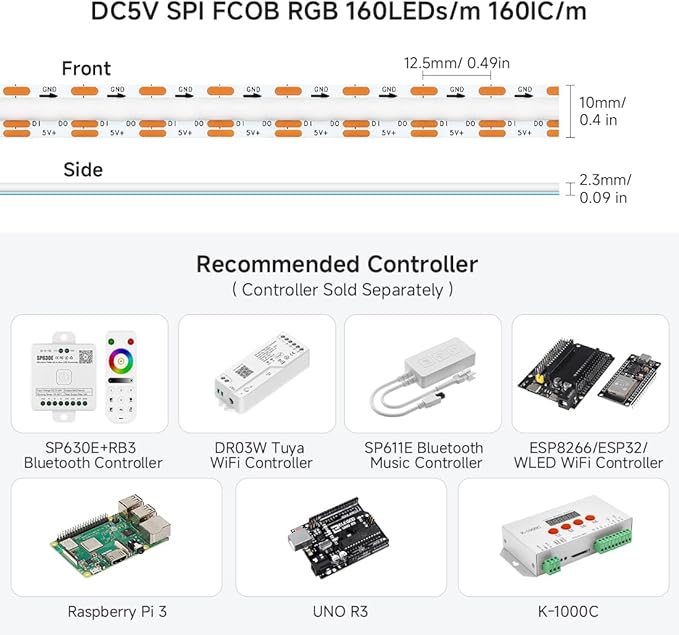 BTF-LIGHTING FCOB COB WS2812B IC RGB LED Strip DC5V 3.2FT Individual Addressable 160LED/m 160LEDs 160IC Dream Color IP30 Non-Waterproof High Density Light 0.39in Width(No Adapter or Controller)