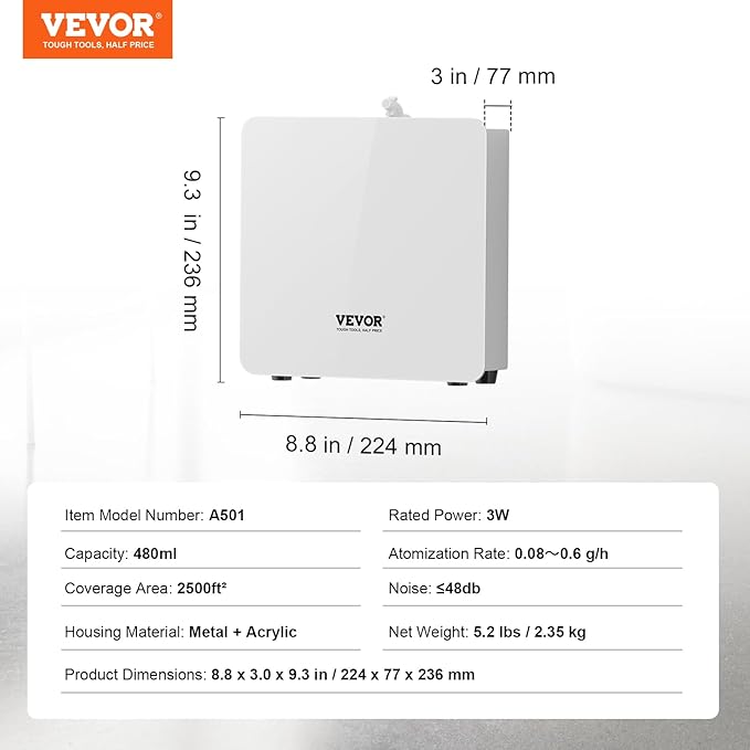 VEVOR Scent Air Machine for Home, 480ml Bluetooth Smart Essential Oil Diffuser with Cold Air Tech, Waterless Scent Diffuser Cover Up to 2500sq.ft for Business Office, Hotel, Spa, Large Room