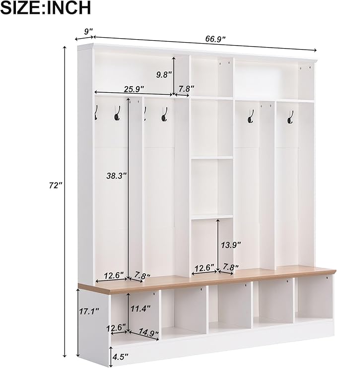 Modern Hall Tree with Storage Bench, Minimalist Shoe Cabinet with Cube Storage & Shelves, Multifunctional Coat Rack with 8 Hooks for Entryways Mudroom Hallway (White + Particle Board-Q13)