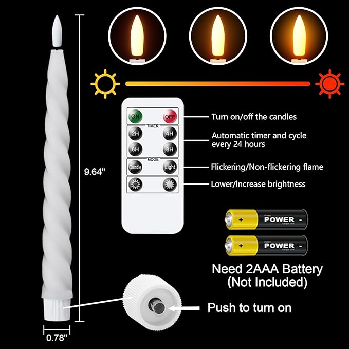 Wondise Flameless Taper Candles with Remote Timer, Real Waxy Battery Operated Candlesticks 3D Wick LED Candles for Halloween Christmas Holiday Wedding Decoration (2 Pack, White