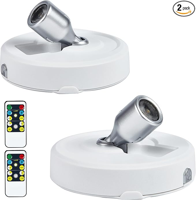 2-Pack LED Spotlight Battery Operated Picture Lights, Puck Lights with 2 Remote, Dimmable Stick Spot Lights with Timmer for Wall Display Painting Dartboard Artwork Accent Closet
