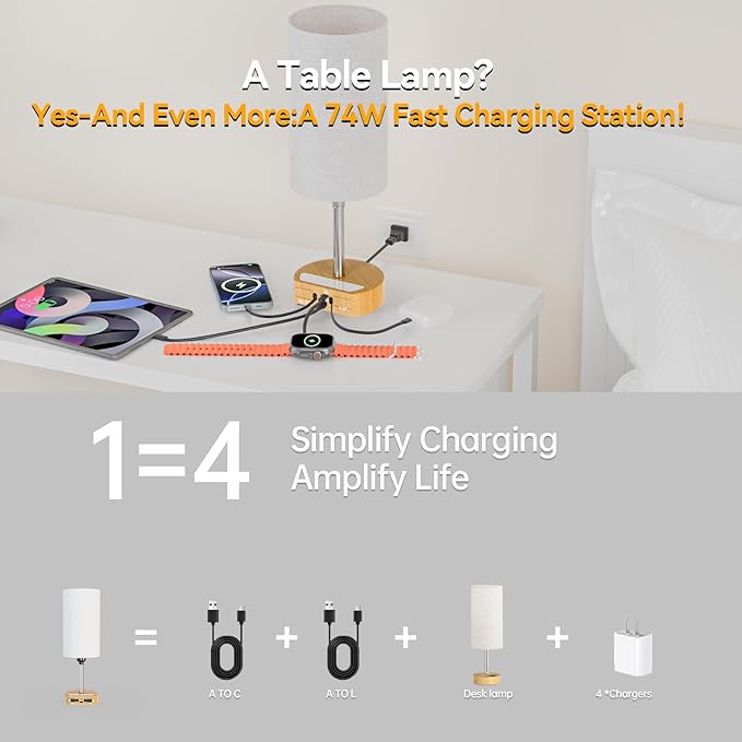 Bedside Lamp with Charging Station 74W【2 * 3.94ft Retractable Cords & 2 USB Ports】, 3 Way Dimmable Touch Lamps for Nightstand with LED Bulb, Small Desk Lamp, Set of 2, Yellow Wood Grain