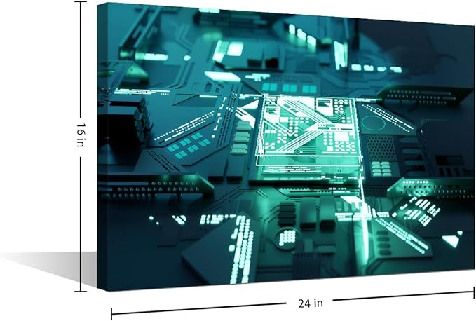 TUMOVO Glowing CPU Wall Decor for Bedroom Living Room AI Wall Art Paintings CPU Concept Pictures Canvas Modern Wall Artwork Home Decorations Office Wall Art Framed Ready to Hang - 24x16in