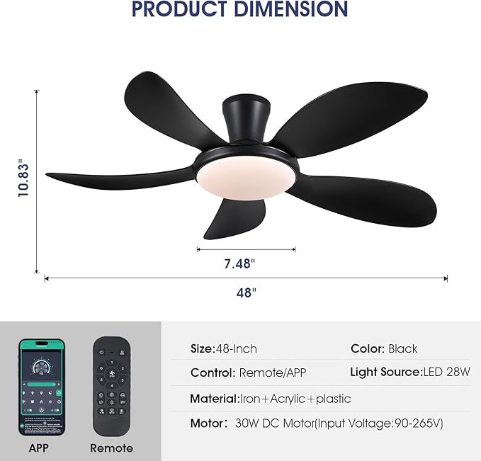 PHORUS 48" Black Low Profile Ceiling Fans with Lights and Remote/APP, Modern Flush Mount Ceiling Fans with Quiet Reversible DC Motor, Dimmable 3 Colors 6 Speeds for Bedroom Kitchen