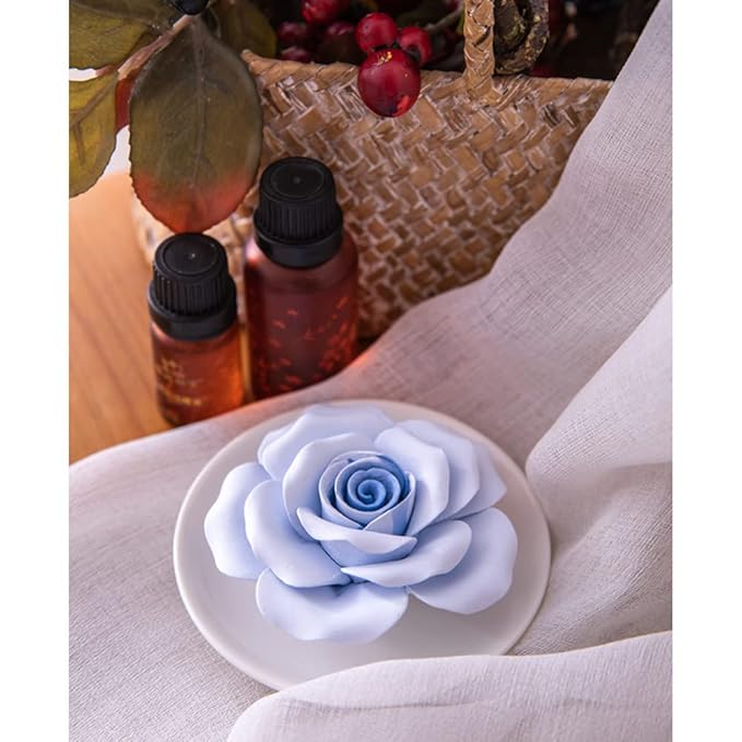 Essential Oil Passive Flower Diffuser -Non-Electric Porcelain Aromatherapy Diffusers for Small Mini Room, Desk Decorative, Bathroom (Blue Rose)