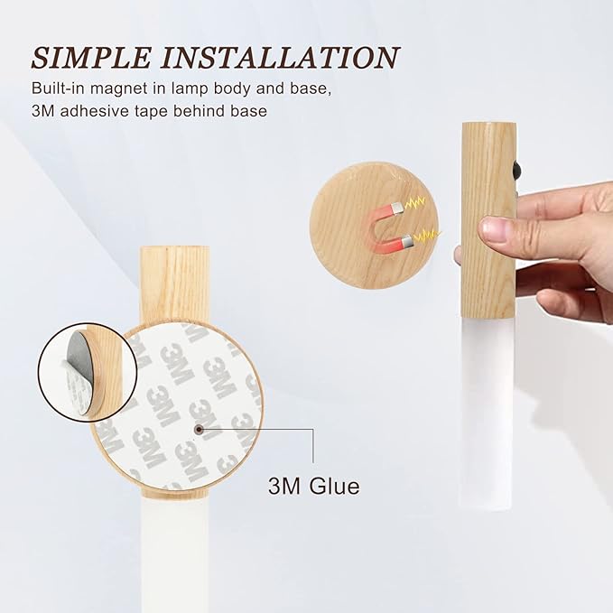 Motion Sensor Night Light, Motion Activated Night Light,Wall Lights Battery Operated,Rechargeable Wall Lights,Suitable for Kids Bathroom，Corridors, Closet ，Stairs (White Ash Wood 1PC)