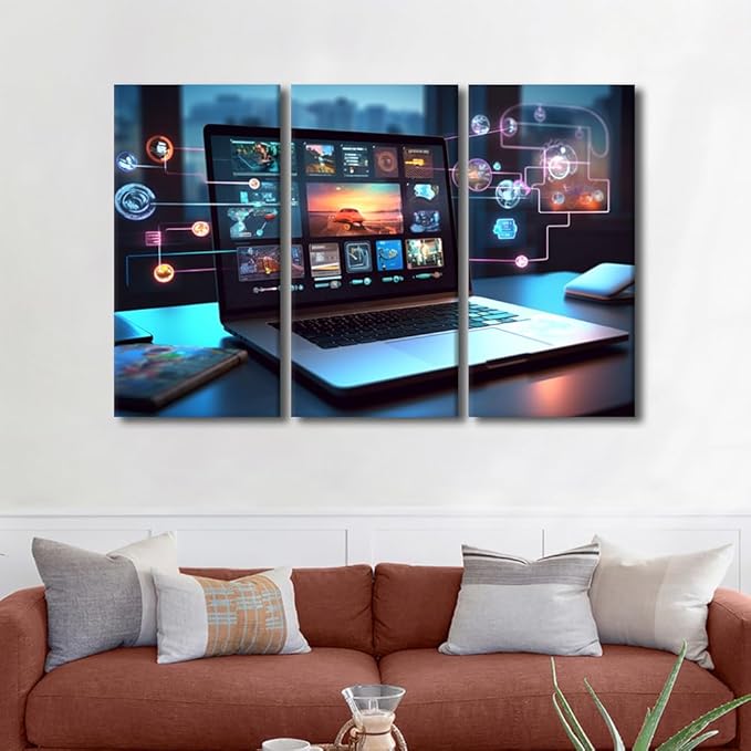 3 Panels Large Wall Art Digital Collaboration Tools Pictures Print on Canvas for Living Room Bedroom Wall Decoration, Stretched Framed Gallery-Wrapped Ready to Hang, 60" Wx40 H