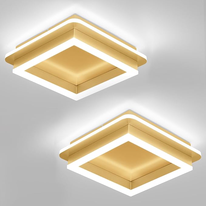 CANEOE 2 Packs Square Modern LED Light Fixture, 24W Black Flush Mount Hallway Light, Small Close to Ceiling Lamp for Living Room, Bedroom, Kitchen, Balcony, Cloakroom (All Gold, 2 Packs)