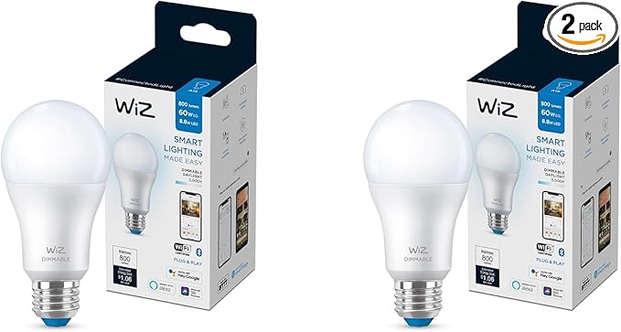 WiZ 60W A19 Dimmable Daylight (5000K) LED Smart Bulb - Pack of 2 - 800 Lumen - E26 - Indoor - Connects to Your Existing Wi-Fi - Control with Voice or App - Activate with Motion - Matter Compatible