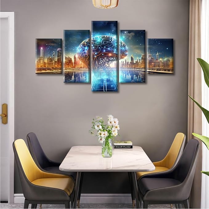 City Smart Brain Canvas Wall Art for Living Room Human Brain Energy Modern Painting Picture for Bedroom Office Artificial Intelligence Concept Home Wall Decorations Frame Wall Decor, (60"Wx32"H)