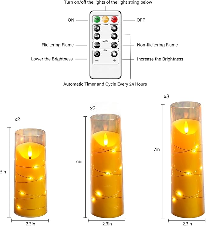 Flameless Candles with Embedded Star String, Battery Operated LED Pillar Candles with Timer and Remote Control,Home Decorating for Ambiance， Set of 9 (Gold)
