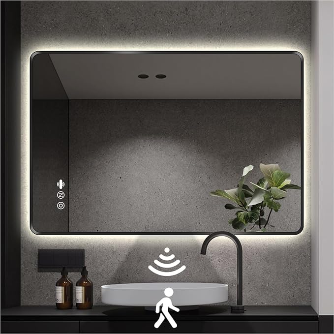 40 x 32 Black LED Bathroom Mirror, Metal Framed Rounded Corner Rectangle Backlit Mirror Bathroom, Anti-Fog, 3-Color Stepless Dimmable Lighted Mirror, Motion Sensor Lights, Memory Function